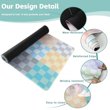 Baziabbo Checkered Desk Mat,XXL Extended Big Mouse Pad,Gaming Mousepad with Stitched Edge,Non-Slip Rubber Base Keyboard Desk Pad for Home Office Study Game - color: Checkerboard Morandi