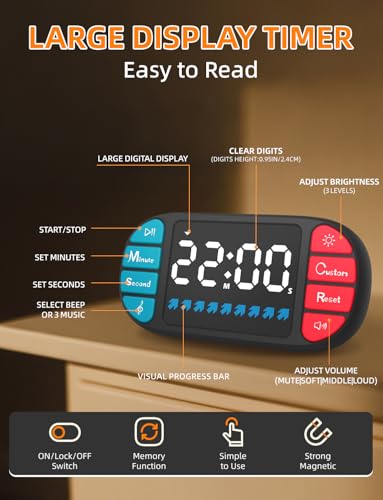 Digital Kitchen Visual Timer: 3.6'' Large LED Display, Magnetic, 3 Brightness, 4 Alarms and Volume, Memory Function, Countdown Count up for Cooking, Classroom, Home Gym, AAA Battery Included - color: Black