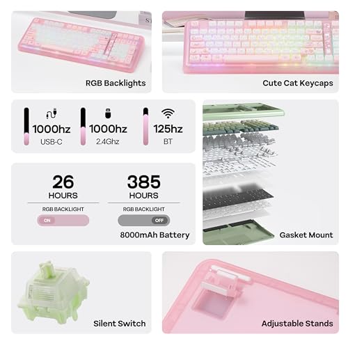 KiiBoom Phantom98 Lite 96% Wireless Mechanical Gaming Keyboard, VIA Programmable, Creamy Keyboard with Gasket, 8000mAh Battery, Hot Swap, RGB Backlits, NKRO for Win/Mac (Pink, Mossy Silent Switch) - color: Pink, size: Mossy Silent Switch