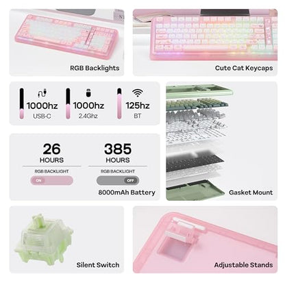 KiiBoom Phantom98 Lite 96% Wireless Mechanical Gaming Keyboard, VIA Programmable, Creamy Keyboard with Gasket, 8000mAh Battery, Hot Swap, RGB Backlits, NKRO for Win/Mac (Pink, Mossy Silent Switch) - color: Pink, size: Mossy Silent Switch