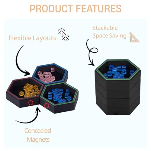 Magnetic Hex Board Game Trays, Modular Stackable Token Dice Trays (4-Pack) | Built-in Magnets, Flexible Combination, Stackable For Storage, Token & Dice Organizer, 4 Colors, Modular Design