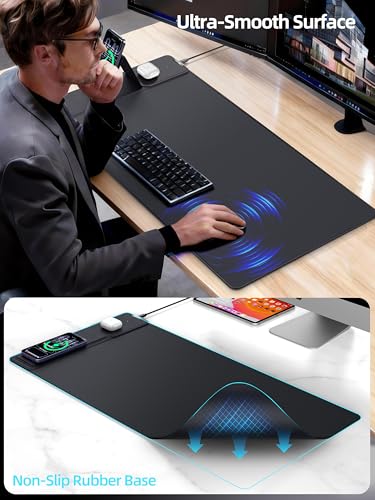 Mouse Pad with Magnetic Wireless Charging & Adjustable Phone Stand, 31.5"x15.8" Extended Desk Mat, Waterproof Ultra-Smooth Keyboard Pad, Non-Slip Base, Black - color: Black-magnetic Stand-31.5"x15.8"-left