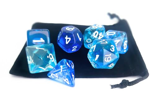 Blue DND 주사위 7개 세트 (클리어 블루-화이트) | D&D, 던전 앤 드래곤, CoC, MTG, TTRPGs 게임 액세서리용 투명 다면체 주사위 세트 - D20 시스템 게임 - color: 투명 블루 & 화이트