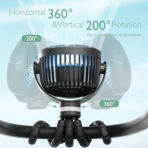 Momcozy 8000mAh Portable Stroller Fan | 27H Ultra-long Battery Life | Detachable 4 Speed 360°Rotate | 2 Modes LED Night Light, USB Rechargeable Handheld Cooling Fan for Travel, Car Seat, Bedroom - color: Black