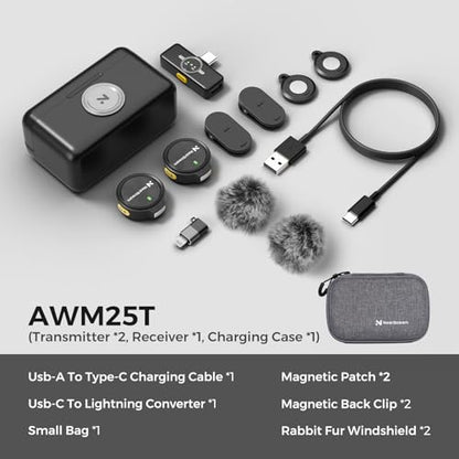NearStream Wireless Lavalier Microphone for iPhone, Android and PC, AWM25T | Noise Cancellation, Up to 24-Hour Total Battery Life, Lightning and USB-C Plug-and-Play for Vlogging and Interviews