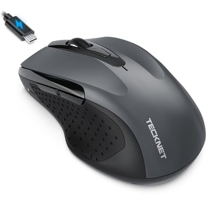 TECKNET Rechargeable Jiggler Wireless Mouse, Dual-Mode Connectivity, Grey | Silent USB A & Bluetooth Mouse, 6 Adjustable DPI, 6 Buttons, Ergonomic Design, Long Battery Life, Multi-Device Compatibility - color: Grey