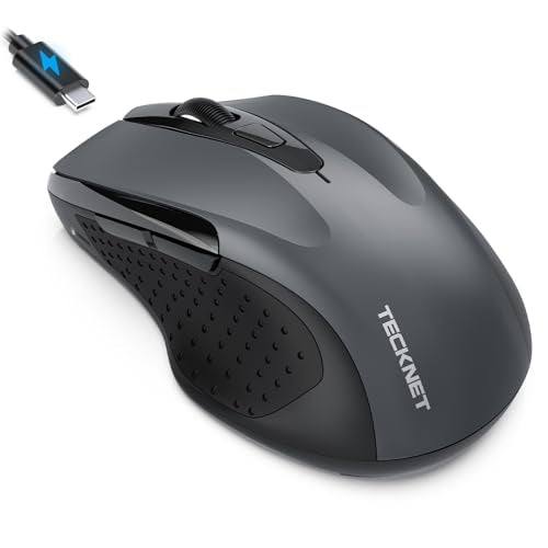 TECKNET Rechargeable Jiggler Wireless Mouse, Dual-Mode Connectivity, Grey | Silent USB A & Bluetooth Mouse, 6 Adjustable DPI, 6 Buttons, Ergonomic Design, Long Battery Life, Multi-Device Compatibility - color: Grey