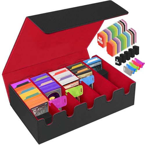 AOBOPLE Trading Card Storage Box,3500+ Card Box Storage with 48 Dividers and 10 Card Supporters PU Leather Magnetic Cards Deck Case for MTG,TCG,Magic and Sport Cards (Black Red) - color: 3500+ Red