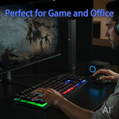 CHONCHOW Wireless Keyboard and Mouse Combo - 2.4G Rechargeable USB Rainbow LED Backlit Wireless Gaming Keyboard,Anti-ghosting Multimedia Keys Mechanical Feel for PC Laptops PS Xbox