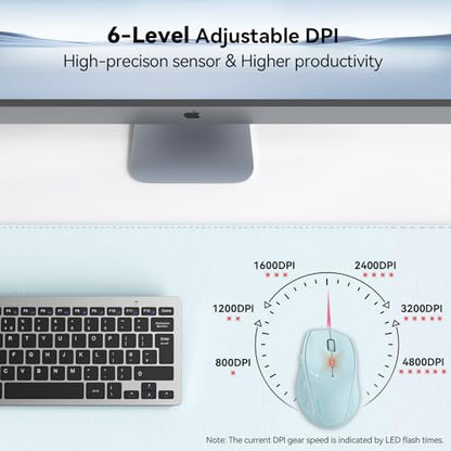 TECKNET 2.4G Wireless Mouse, 4800 DPI Ergonomic Computer Mouse, Lightblue | Mouse for Laptop with USB Receiver, 6 Adjustable DPI, Quiet Click, 30-Month Battery, 6 Button, Portable for PC Chromebook Mac - color: Lightblue