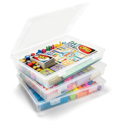 Board Game Storage, 3 Pack Stackable Board Game Storage Containers with Snap Tight Latch Lid, Portable Plastic Case Bin Storage Box for Games Puzzle Magazine A4 Paper Craft Hobby - color: Clear
