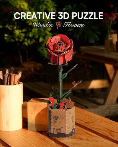 3D Flower Wooden Puzzles for Adults-Red Rose, DIY Wooden Flowers Model Kit Building Set Crafts Birthday Gifts Women, Artificial Botanical Collection Creative Gift Ideas/Housewarming (106PCS) - style: TW - Red Rose