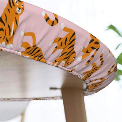 Famame Cute Tigers Pink Round Fitted Tablecloth with Elastic Protector Table Cloth Kitchen Dinner Waterproof Oil-Proof Table Covers Fits 40"-44", Small - color: Seamless Tigers Pink