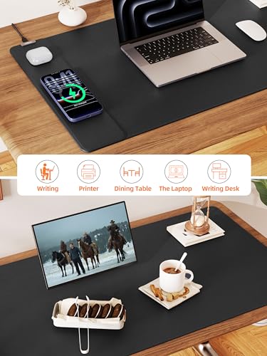 TopMade Mouse Pad with 15W Wireless Charging, XXL Large Leather Desk Mat, Waterproof Gaming Mousepad Home Office Desk Pad Protector, Computer Keyboard Pad, Mouse Mat for MacBook, PC, Laptop, Black - color: Black