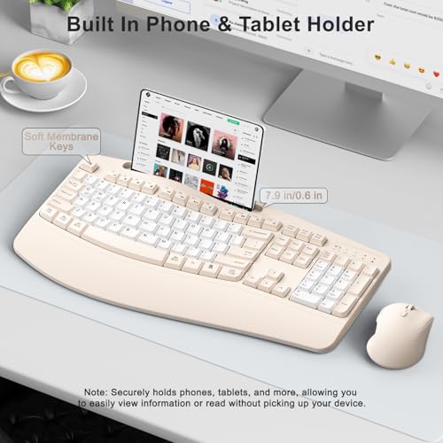 Wireless Keyboard and Mouse Combo, Ergonomic Wave Keys(Milk Tea-B) | 2.4G Full Size Keyboard with Wrist Rest, Phone Holder, 3-Level DPI Silent Mouse with 6-Buttons,for Windows/Mac OS/Laptop - color: Milk Tea-B