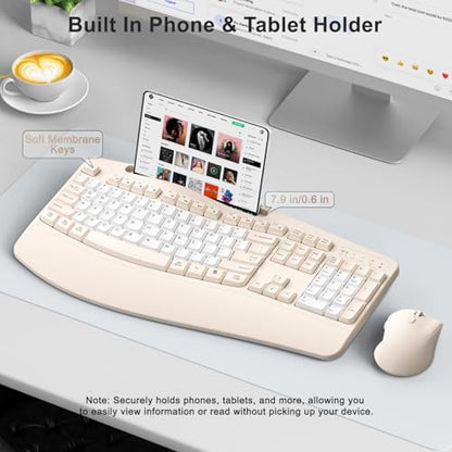 Wireless Keyboard and Mouse Combo, Ergonomic Wave Keys(Milk Tea-B) | 2.4G Full Size Keyboard with Wrist Rest, Phone Holder, 3-Level DPI Silent Mouse with 6-Buttons,for Windows/Mac OS/Laptop - color: Milk Tea-B
