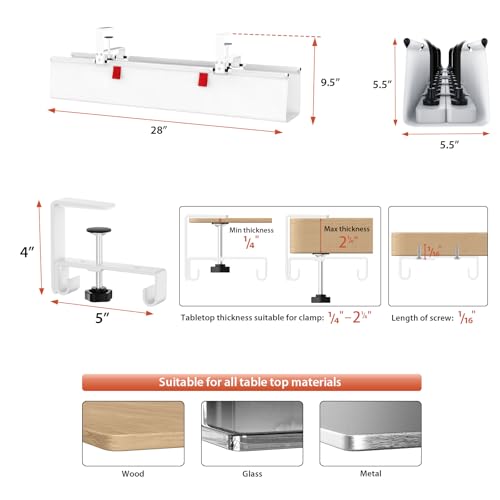 Univivi No Drill Under Desk Cable Management Tray, 28 inch Cable Management | Clamp/Screw Mount Cable Management Desk, Premium Fabric Cable Management Box, Various Sizes Wire Management for Office, Home - color: White, size: 28"L x 5.5"W