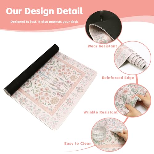 Baziabbo Pink Floral Desk Mat,XXL Extended Big Mouse Pad,Gaming Mousepad with Stitched Edge,Non-Slip Rubber Base Keyboard Desk Pad for Home Office Study Game - color: Pink Floral