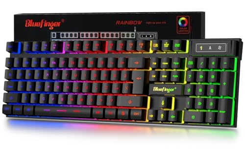 BlueFinger Gaming Keyboard USB Wired Full Size Keyboards, Rainbow Backlit Light Up Keyboard with Multimedia Keys, Quiet Typing for Windows PC Laptop