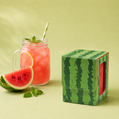 Watermelon Themed Deck Box with Commander Display Window | Holds 120 Single/100 Double-Sleeved Cards, Fit MTG/PTCG/OPTCG Cards, Strong Magnet, PU Leather, With 2 Dividers & 1 Toploader - color: Watermelon
