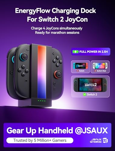 JSAUX EnergyFlow JoyCon Charging Dock for Switch 2, 4-Port | Charge 4 Controllers at Once, Magnetic Docking, RGB Lighting, LED Status Display, 5FT USB C Cable, Space-Saving Setup