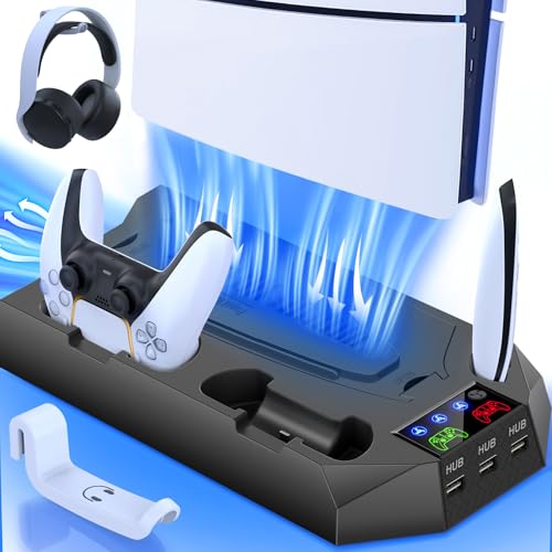 PS5/Slim/Pro Cooling Station for Playstation 5 Console Disc/Digital Edition - PS5 Slim Pro Cooling Stand with Controller Charging Station Accessories-Cooler Fan/Headset Holder/3 USB Hub, Black - color: 2-Black