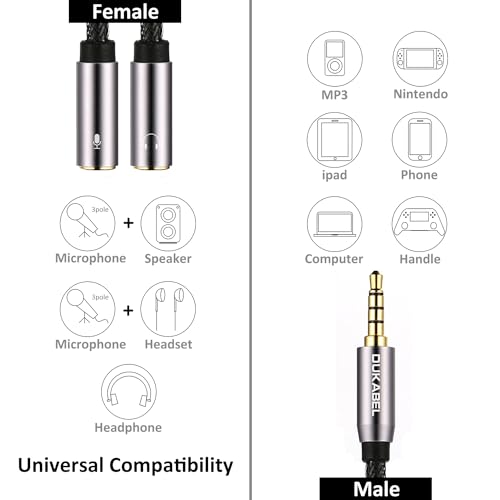 Long Headsets Splitter Adapter, Mic and Audio Y Cable - 4 Feet/1.2m | Separate Headphone and Microphone, 24K Gold-Plated Connector, Compatible with PS5, Xbox One Controller, Smartphone, PC - size: 120 cm