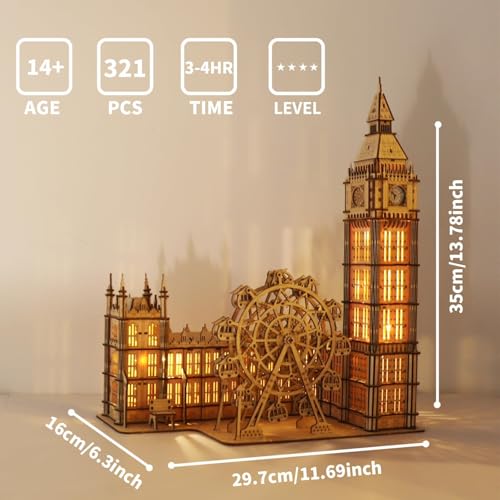 Music Park 3D Wooden Puzzle, Big Ben with LED | Big Ben clock with LED night light and London Eye Ferris wheel. DIY model building kit. Home decor gift. - color: Big Ben