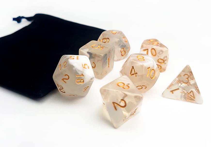 White Smoke DND Dice Set of 7pcs (Ivory-Gold) | Transparent Acrylic Polyhedral Dice Set for D&D, TTRPGs, Dungeons and Dragons, MTG, Table Games – D20 System Games - color: Ivory & Gold