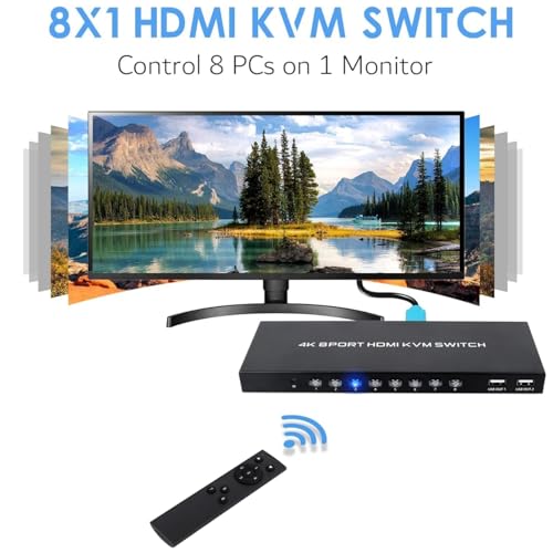 HDMI KVM Switch 8 Port, 4K@30Hz USB KVM Switcher for 8 Computers Share 1 Monitor and 4 USB Devices, 8X1 Switches with Adaptive EDID Wired Remote and 8 HDMI&USB KVM Cables