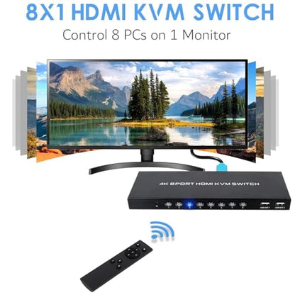 HDMI KVM Switch 8 Port, 4K@30Hz USB KVM Switcher for 8 Computers Share 1 Monitor and 4 USB Devices, 8X1 Switches with Adaptive EDID Wired Remote and 8 HDMI&USB KVM Cables