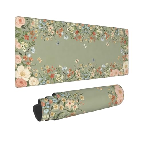 Large Gaming Mouse Pad Desk Mat, Green Girly Floral Extended Keyboard Mouse Pad Mousepad with Non-Slip Base and Stitched Edge Mouse Mat Desk Pad Mouse Pads for Desk Home Office, 31.5 x 11.8 - color: Girly Floral Green