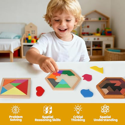 5 Pack Wooden Brain Teaser Puzzles Sets for Kids,Montessori Brain Blocks Logic Tangram Geometric Shapes Puzzle Matching Games Easter Basket Stuffers Gifts for All Ages Boys Girls - style: Puzzle set-5pcs
