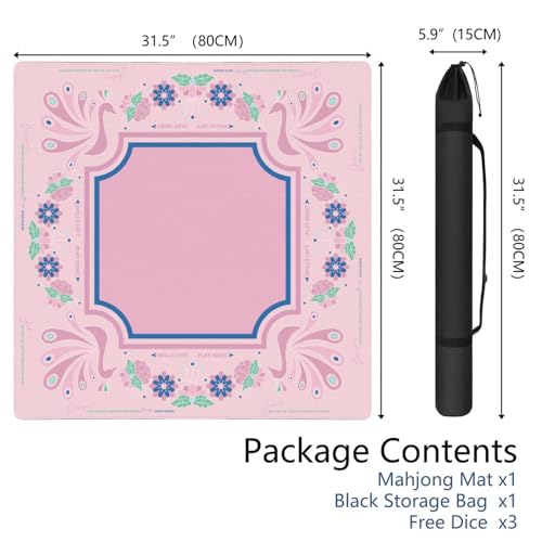 Mahjong Mat for Table with Carrying Bag & 3 Dice, Pink Peacock 31.5"x31.5" Square Rubber Mahjong Table Cover, Non-Slip & Noise Reduction Gaming Mat for Mah Jongg, Poker, Dominoes & Tile Games - color: Peach Pink
