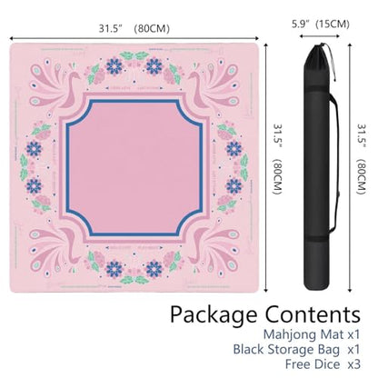Mahjong Mat for Table with Carrying Bag & 3 Dice, Pink Peacock 31.5"x31.5" Square Rubber Mahjong Table Cover, Non-Slip & Noise Reduction Gaming Mat for Mah Jongg, Poker, Dominoes & Tile Games - color: Peach Pink