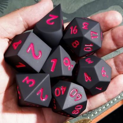 7-Piece Jumbo Silicone DND Dice Set, 25mm Oversized D&D Dice | Round Edges Soft Perfect Bouncer Compatible with Dungeons and Dragons RPG Bar Pub Club Party Games - color: Black W/Red Numbers