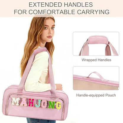 Yarwo 3 PCS Mahjong Bag Empty, Clear American Mahjong Tiles & Rack Bags Set | Zippered Game Storage with Mahjong Mat Strap and Sewn Chenille Letter for Mahjong Tiles, Racks & Pushers, Case Only, Pink - color: Pink