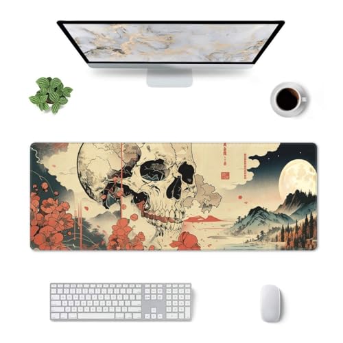 Large Gaming Mouse Pad Desk Mat, Japanese Retro Skull and Floral Extended Keyboard Mouse Pad Mousepad with Non-Slip Base and Stitched Edge Mouse Mat Desk Pad Mouse Pads for Home Office, 31.5 x 11.8 - color: Japanese Retro Skull and Floral