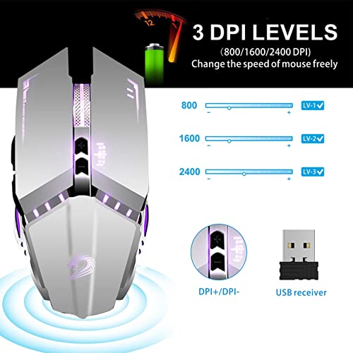 TENMOS T12 Wireless Gaming Mouse Rechargeable, 2.4G Silent Optical Wireless Computer Mice with Changeable LED Light for Laptop PC, 7 Buttons, 3 Adjustable DPI (Silver) | 2.4GHz Optical, 7 Color LED Lights, Quiet Click,Side Buttons,3 Adjustable DPI,Ergonom