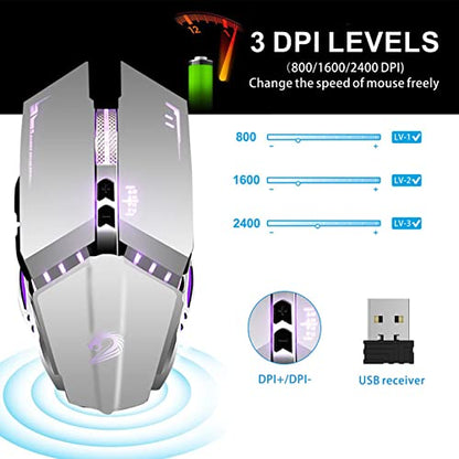 TENMOS T12 Wireless Gaming Mouse Rechargeable, 2.4G Silent Optical Wireless Computer Mice with Changeable LED Light for Laptop PC, 7 Buttons, 3 Adjustable DPI (Silver) | 2.4GHz Optical, 7 Color LED Lights, Quiet Click,Side Buttons,3 Adjustable DPI,Ergonom