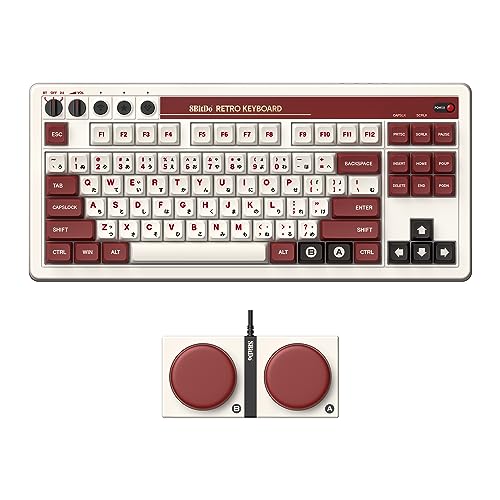 8Bitdo 87 Keys Retro Mechanical Keyboard Bluetooth/2.4G/USB-C, Hot Swappable, Dual Super Programmable Buttons, Volume knob for Windows and Android - Fami Edition - color: Fami Edition
