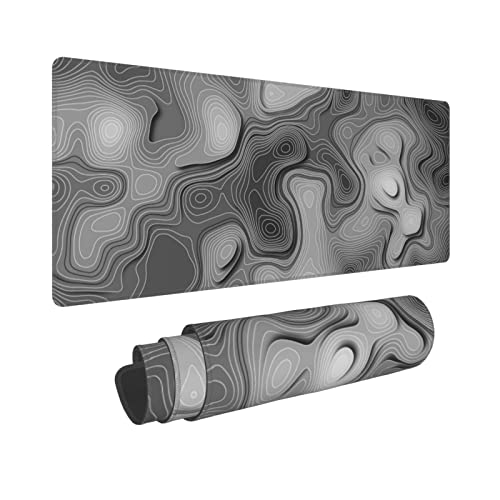 3D Topographic Map Mouse Pad Grey White Gaming Mouse Pad XL Desk Mat Large Desk Pad Non-Slip Rubber Base Keyboard Mouse Mat with Stitched Edges for Home Office Work - color: Grey White