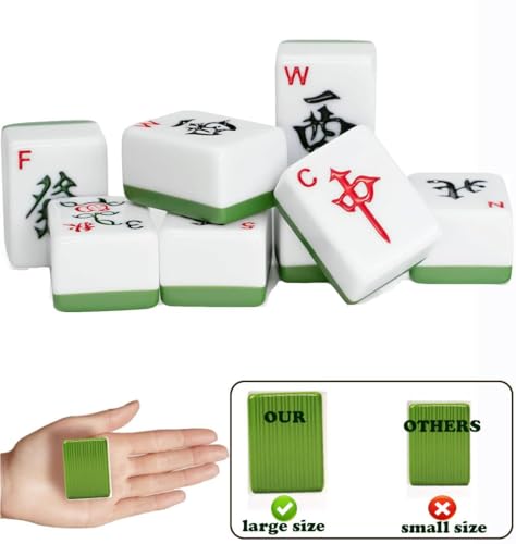 Mahjong Set,Chinese Mahjong Game Set with Carrying Travel Case, 1.5'' Large 146 Tiles with Arabic Numerals, 3 Dices, A Wind Indicator, A Set of Chips, Mah Jongg Set - color: Green-a