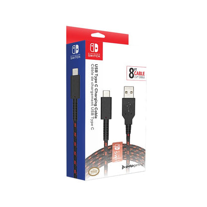 PDP Gaming Charge Cable Licensed for Nintendo Switch 8 ft USB-C | 8-Foot Charging Cable, Durable Braided Design, Cable Management Tie Strap, Charge & Sync Compatibility, Black/Red