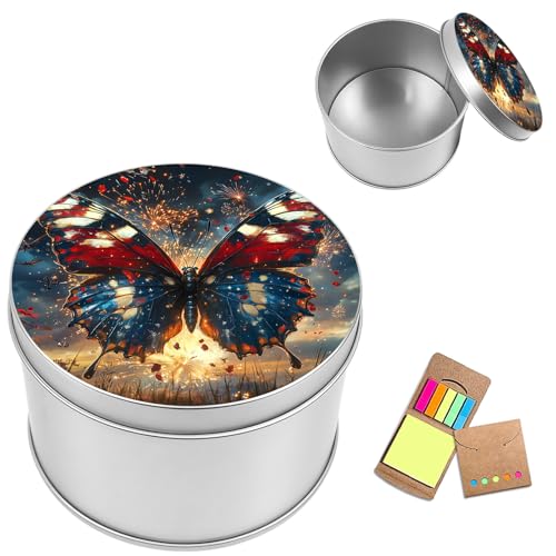 Metal Round Storage Containers Box with Lid, Metal Tins Organizer Box for Earring Jewelry Craft Trinket Keys Watch, Patriotic Butterfly Design Decorative Storage Case with Notepad - color: Patriotic Butterfly