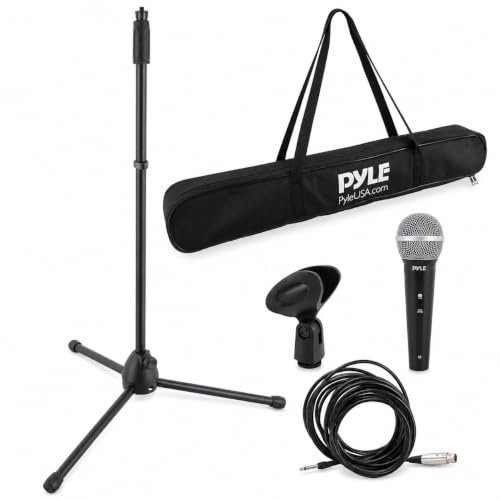 Professional Handheld Dynamic Microphone Kit - Unidirectional Vocal Wired Microphone w/Carry Bag, Metal Mic Stand, Holder/Clip & 16.4ft XLR Audio Cable to 1/4'' Audio Connection - Pyle (Charcoal) - color: Charcoal