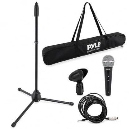 Professional Handheld Dynamic Microphone Kit - Unidirectional Vocal Wired Microphone w/Carry Bag, Metal Mic Stand, Holder/Clip & 16.4ft XLR Audio Cable to 1/4'' Audio Connection - Pyle (Charcoal) - color: Charcoal