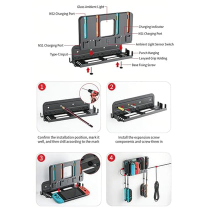 Wall Mount Organizer Charging Station for Nintendo Switch 2/1, 4 in 1 Magnetic Joycon Charging Dock with 6 RGB Light Modes