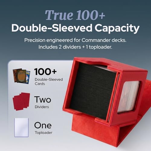 Commander Deck Box MTG 100 Card Holder with Display Window Red | PU leather, 4 N52 magnets, fits 100 double-sleeved cards, display window, durable, portable, secure closure - color: Red, size: 110+