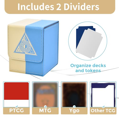 Card Deck Box with 2 Dividers, MTG Commander Deck Box Holds 100+ Double-Sleeved Cards, Leather Magnetic Deck Case Compatible with Magic TCG CCG Cards, White/Blue - color: 1. White & Blue, size: 100 Double-sleeved Cards Vertical
